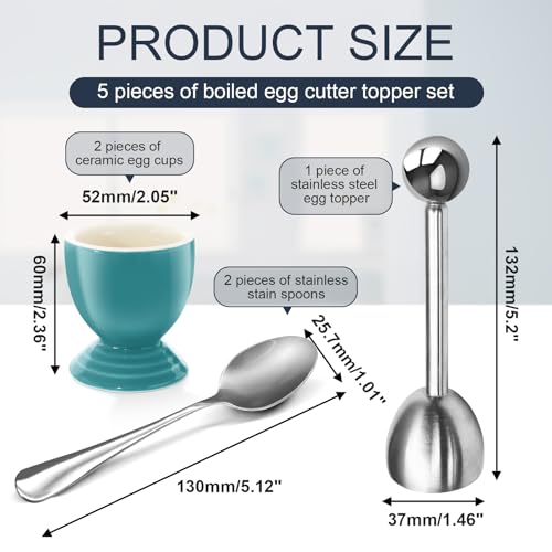 vibedor Colorful Soft Boiled Eggs Cups Set, 2 Ceramic Egg Stands and 1 Stainless Steel Egg Cutter, 2 Perfect Egg Spoons for Kitchen and Breakfast Host(Caribbean)