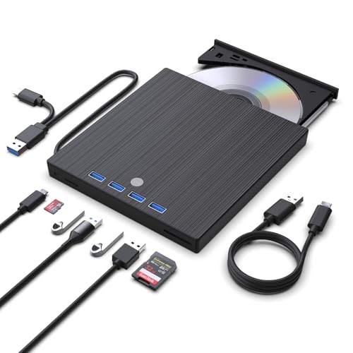 JKNJX External CD DVD Drive,9 in 1 USB 3.0 and Type-C CD Burner Player Writer with 4 USB Ports and 2 TF/SD Card Slots,Ultra Slim Optical Disk Driver for Laptop Mac PC Windows Linux OS