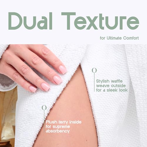 White Classic Waffle Bathrobe for Women, Men - 100% Turkish Cotton, Absorbent Terry Interior and Waffle Exterior, Quick Dry, Lightweight, Warm and Soft Terry Cloth Robes for Women, One Size Fits Most - Thumbnail 2