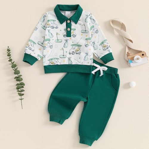 Chloefairy Toddler Baby Boy Golf Outfit Golf Cart Print Polo Sweatshirt Top Long Pants Set 2Pcs Boys Fall Clothes 6M-4T2