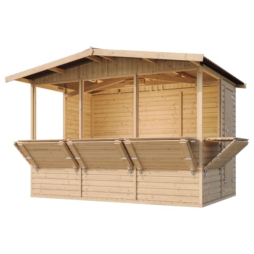 TIMBELA M150B Holz Gartenhaus, Marktbude Holz, Qualitäts Schiffslatten Kiefern Fichte Verkaufsstand Holzhaus mit Theke, FÜNF Fenster, 200x300/6 m2, große multifunktionale Garten-Bar Verkaufshütte