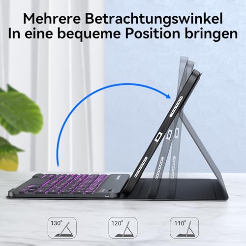 TECKNET Hülle mit Tastatur für iPad A16 11/10 Generation(2025/2022, 11/10.9 Zoll), 7 Farben Beleuchtete Magnetische Abnehmbare Keyboard QWERTZ, Schutzhülle mit Stifthalter für iPad 11./10., Schwarz 5