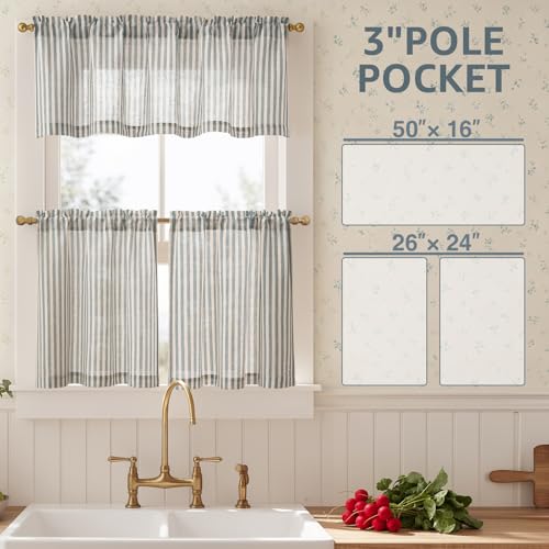 jinchan Kitchen Curtains and Valances Set Striped Tier Curtains Ticking Stripe Linen Curtains Pinstripe Cafe Curtains 24 Inch for Living Room Bathroom Farmhouse 3 Pieces Set Rod Pocket Blue on Beige by jinchan - Used condition - Image 6
