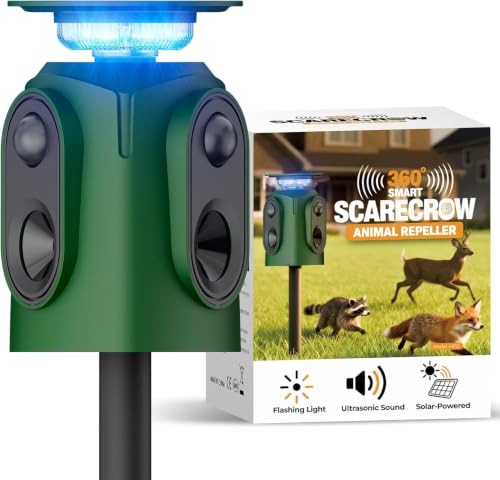 Solar Powered Cat Repellent Ultrasonic Deer Repellent 360 Degree Animal Deterrent Waterproof Squirrel Repeller with Flashing Light Outdoor Skunk Repellent Outdoor Yard Lawn Garden (Lemon)