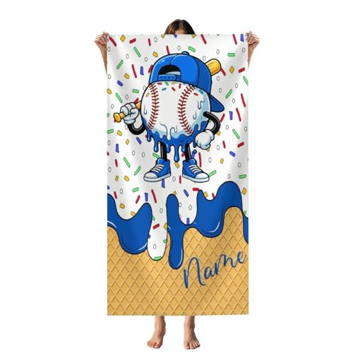FLEXIMX Custom Towel Baseball Drip Gift with Name for Kids Adults Personalized Quick-Dry Beach Towel Bath Towels for Boys Baseball Fans
