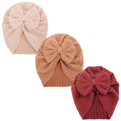Image of AQOKKA 3 Pcs Newborn Baby Turban Hats Big Bow Baby Girl Hats Infant Beanie Warm Toddler Cap for Baby Girls Kids 3-12 Month