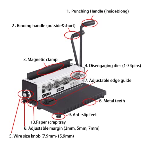 Rayson Td-1500B34 Binding Machine, Square Size Holes, 3:1 Pitch Wire-O Binder Punch 15 Sheets/Bind 130 Sheets With Sturdy Metal Construction #TOP5