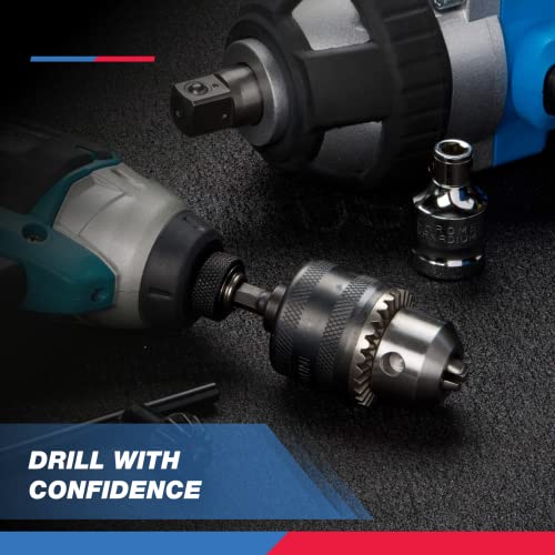 Neiko 20754A 3/8” Drill Chuck Adapter | Chuck Drill For Impact Drivers With 1/4 Inch Quick Change Shank | Drill Converter Includes 1/2-Inch Adapter For Impact Guns | Hex To Chuck Drill Bit Adapter #TOP4
