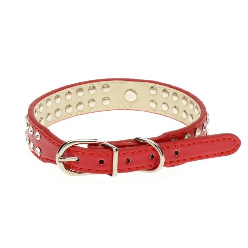 Wowlife Top Pet Dog Leash 2 Rows Rhinestone Bling Heart Studded Leather Dog Collar For Pet Colla (M, Red) #TOP1