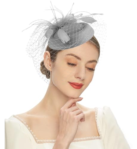 Women\'s 20s 50s Mesh Veil Feather Pillbox Fascinator Hat for Wedding Tea Party Kentucky Durby Funeral Fascinators with Headband and Clip Grey