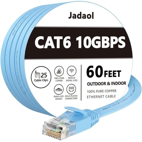 Image of Jadaol Cat6 Ethernet Cable 60FT with Clips 10Gbps Flat Network Cable, Blue