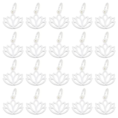 CHGCRAFT 20pcs 11mm 925 Sterling Silver Yoga Lotus Flower Charm Pendants Silver Hollowed Lotus Charms with Jump Ring for Bracelets Keychain Necklace DIY Craft Jewelry Making Supplies