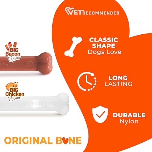 Image of Nylabone Power Chew Original Bone Dog Toys, Chicken & Bacon Flavor, 2 Count | Large breeds, durable chew toys, discourages destructive chewing, long lasting, flavor throughout, for dogs up to 50 pounds