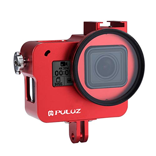 Puluz Aluminum Alloy Case For Gopro Hero 7 Black/New Hero 2018 / Hero 5 / Hero 6 Housing Shell Case Cnc Protective Cage With Cold Shoe Mount & 52Mm Uv Lens Filter (No Back Cover Version) (Red) #TOP3