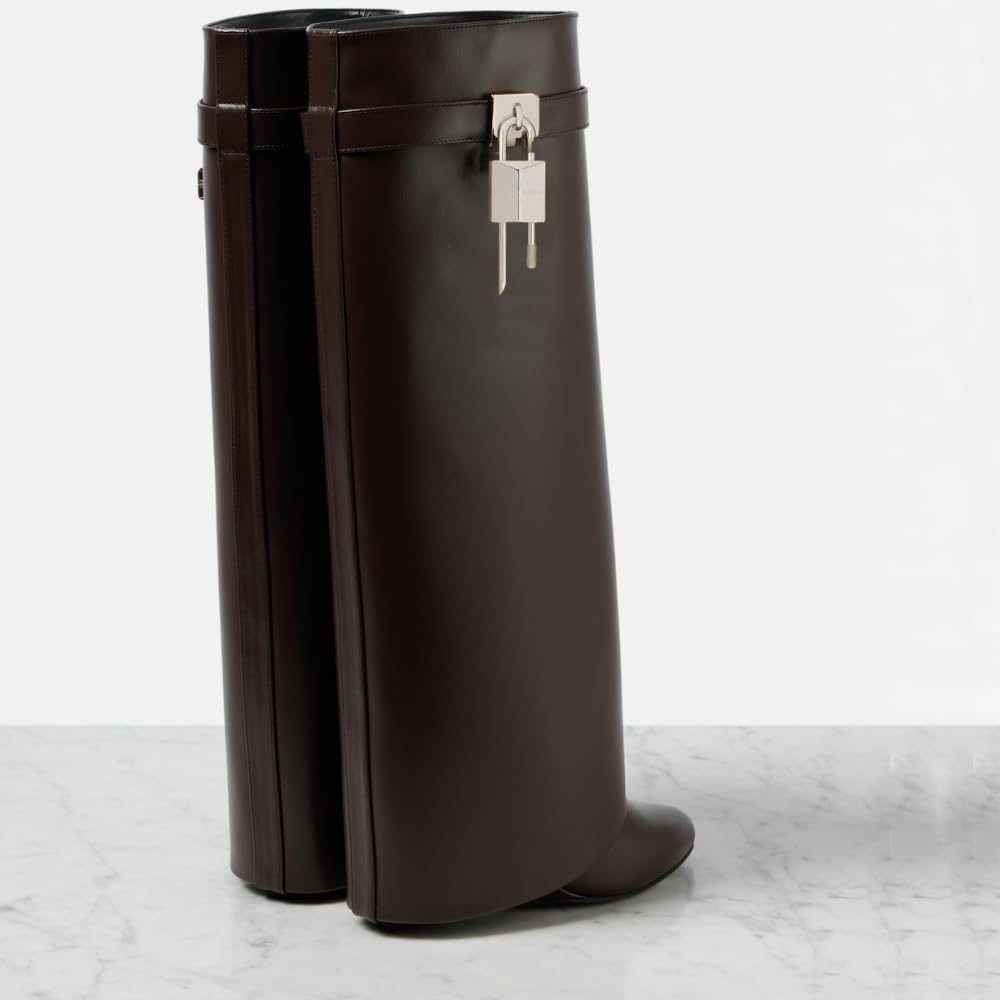 keleimusi Fold Over Wedge Boots Heeled PadLock Pant Knee High Shoes Tall/Short Booties in Black - Image 6