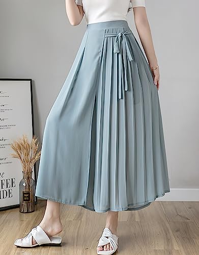 ebossy Women's Elastic High Waist Pleated Front Knot Layered Mesh Chiffon Wide Leg Pant Culottes3