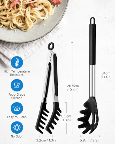 Spaghetti Spoon and Pasta Tong, Non-stick Silicone Spoon Server Fork with teeth and Stainless Steel Handle Spaghetti Tong, Food Clip for Spaghetti Noodle, Black