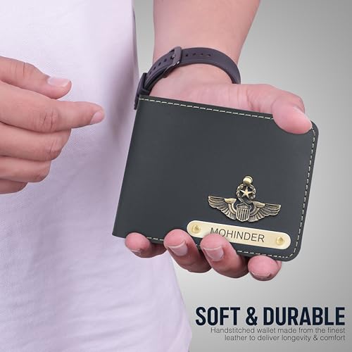 Image of Teak Wood Customized Leather Wallet Pen Keychain Gift Set for Men with Name, Personalized Brown Purse Combo, Stylish Gift for Husband, Boyfriend - Mens Wallets, Wallets for Man, Men Wallet (Black)