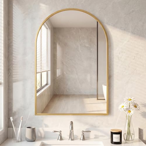 Image of NEWBULIG 24 inchx36 inch Arched Wall Mirror, Bathroom Mirrors for Over Sink, Gold | Matte Metal Framed Vanity Mirror with Tempered Glass, Entryway, Living Room, Bedroom