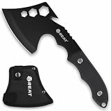 REAT 10' Camping Axe and Survival Hatchet with Sheath, Compact Outdoor Multitool Hatchet with Hex Wrench Slots, Black Wood Handle, Small Camping Gear for Hiking, Chopping, Hunting