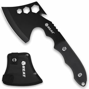REAT 10″ Camping Axe and Survival Hatchet with Sheath, Compact Outdoor Multitool Hatchet with Hex Wrench Slots, Black Wood Handle, Small Camping Gear for Hiking, Chopping, Hunting