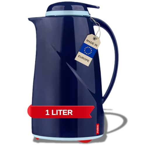 Helios Wave Push Thermoskanne Dunkelblau 1L – 6h heiß - Hält Getränke warm & kalt - Einfache Einhandbedienung - Spülmaschinenfest – Ergonomischer Griff