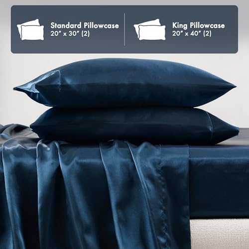 Image of Madison Park Essentials Satin Pillowcase Set of 2, Standard Midnight Blue | Pillowcase Cover for Hair & Skin, Luxuriously Soft, Natural Sheen Luster, Cool to Touch, Wrinkle-Free, Machine Washable