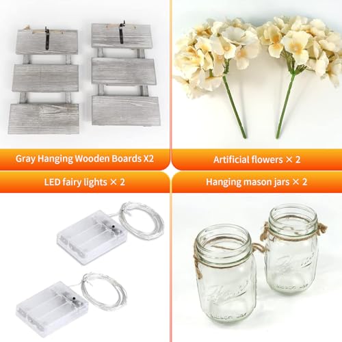Image of Rustic Mason Jar Wall Decor Sconces with Battery-Powered LED Fairy Lights,with Silk Flowers, Perfect for Bedroom, Kitchen, Bathroom, and Home Decor (Set of 2)