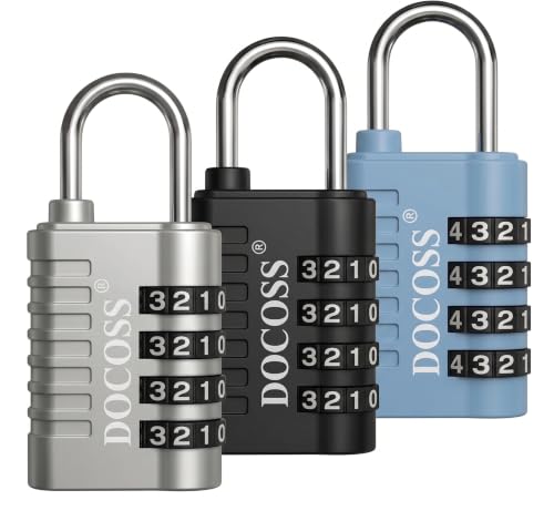 Image of DOCOSS Metal 4 Digit Combination Number Lock for Luggage Bag,Water-Resistant & Hardened Shackle,Pack of 3 (Black,Silver, Blue)
