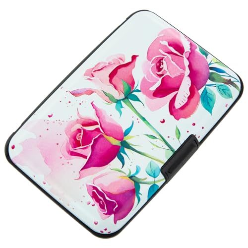 Image of Credit Card Holder Small RFID Blocking Wallet Business Metal Slim Mini Aluminum Hard Case for Women Men Gift, Watercolor Pink Roses, small, Minimalist, Compact, American