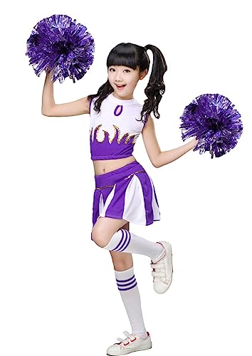 LOLANTA Girls Cheerleader Costume Cheerleading Children Dress Outfit Uniform with PomPoms(Purple, 5-6 years, Tag Size 120)