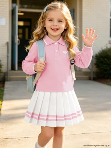 Image of Betusline Girls Skirt Set Long Sleeve Polo & Pleated Skirt, 4-14Y