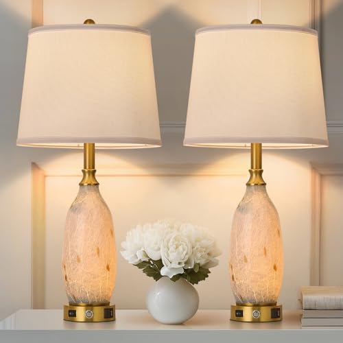 Image of AIDENOEY 26" Modern Art Glass Table & Bedside Lamp, Stepless Dimmable Base + Dimmable 3-Color Light, USB A/C Charging Ports, Touch Control & Switch for Bedroom, Living Room, Office, Study