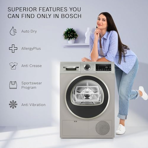 Image of Bosch 9 kg Fully Automatic Front Load Condenser Heat Pump Tumble Dryer | 100% Drying, 0% Effort | 5 Drying Options |Reduces 99.9% Allergens |Ready-to-Wear No Crease (2026 model,WPG24108IN,Silver Inox)