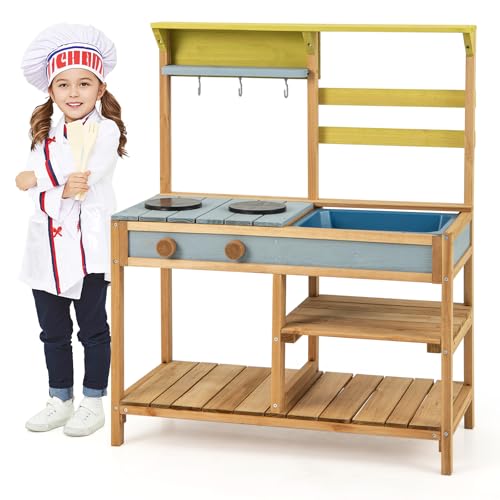 GOPLUS Cuisine Exterieur Enfant en Bois de Sapin, Jouet de Cuisine avec Evier Amovible, Cuisinières et Boutons Simulés, Etagères pour l'Extérieur, Jouet Montessori pour Garçons Filles 3+ Ans (Naturel)