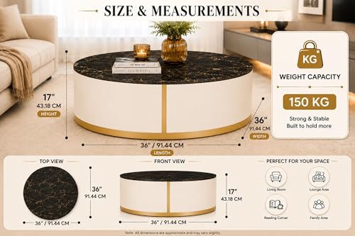 Image of Marble Top Royal Crest Round Center Table | Premium Marble Top Coffee Table for Living Room | Modern Luxury Design 36x36x17 Inch (White)
