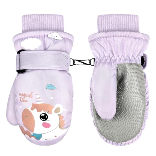 LeapBeast Guantes de Esquí para Niños 3-5 Años, Guantes Impermeables de Térmicos Calientesa Prueba de Viento de Invierno - TPU - Forro Polar (Lila - Pegaso)