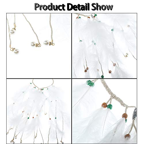 Awaytr Hippie Headband Feather Dreamcatcher Headdress Boho Headwear Native American Headpiece Hippie Clothes Peacock Feather Hair Accessories (White+Pearl) #TOP9