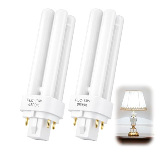 Image of RTDHO 13W G24q-1 4 Pin Light Bulbs,Cool White 6400K Compact Fluorescent Lamp,850LM AC220V-240V CFL Light Bulb,Non-Dimmable 2U Double Tube Energy Saving Lamp, 4 Pin Bathroom Light Bulbs, 2 Pack