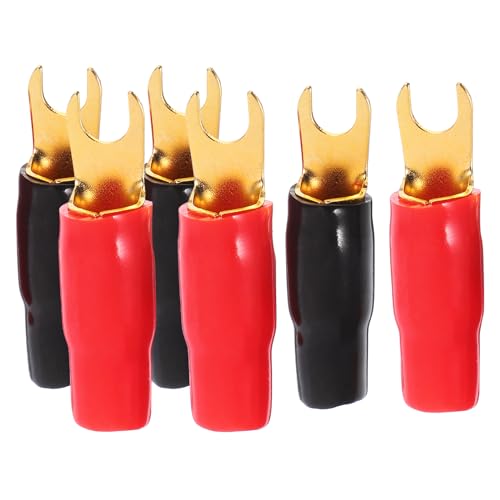 MUCKLILY 3 Pairs Copper Gold Plated 0 Gauge Spade Terminal Crimp Connectors - Heavy Duty Crimp Barrier Spades for Speaker Wire, Red and 100 Pcs