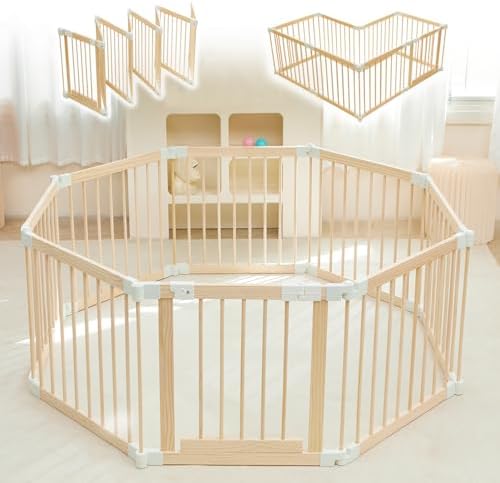 Baby Playpen, Playpen for Babies and Toddlers, Foldable Wooden Play Yard with Gate, Adjustable Baby Activity Center with Child Proof Lock, Fence Play Area for Toddlers 1-3（56 * 56 * 24inches）