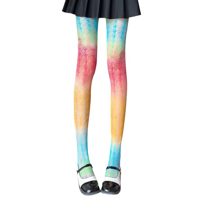 mdgfge Rainbow Women Sheer Tights Fishnet Sexy Colorful Hollow Out High Waist Pantyhose Gradient Stockings Small Sheer Mesh Design for Women Rainbow Pride Day Halloween Parade Party