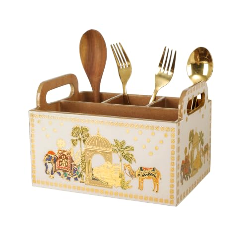 Image of Multipurpose MDF Wooden Cutlery Holder| Enamel Coated |Waterproof Spoon Stand with 4 Compartments for Kitchen, Dining Table & Home Decor (Royal Camel)