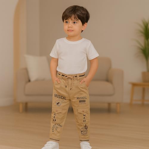 Image of Stylish Printed Joggers with Pockets | Soft Comfortable Elastic Waist Lower | Casual Outdoor Wear Trousers for Daily Use |Pack of 1 Boys Premium Cotton Satin Jeans Cargo Track Pants for Kids 2-7 Years