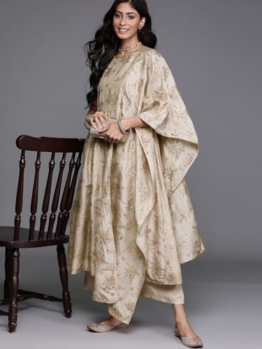 Image of Libas Printed Silk Blend A-Line Kurta With Palazzo and Dupatta