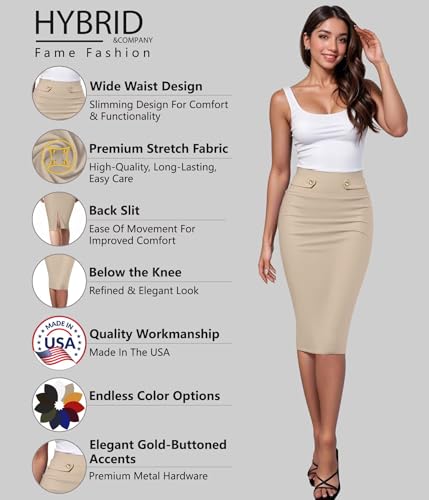 Image of Hybrid & Company Womens Pencil Skirt Premium Nylon Ponte Stretch Office Made in The USA Below Knee
