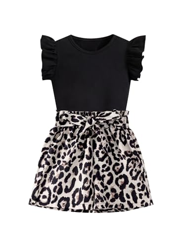 Image of Girls 2 Piece Outfits Summer Ruffle Sleeve Top and High Waisted Striped Shorts Set for Girls 7-14