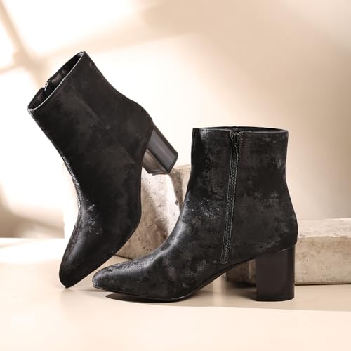Image of YOHO Midnight Velvet Ankle Length Heeled Boots For Women | Comfortable and Stylish with Low Block Heel | Casual,Formal Wear for Winter BOOT 108