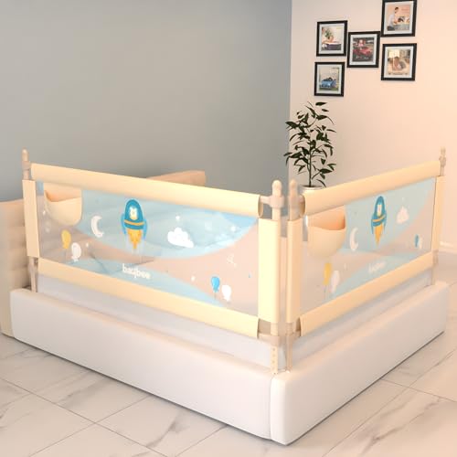 Image of BAYBEE Baby Bed Rails Guard (150x63 cm), Bed Rail for Baby Kids Safety, Portable Bed Rail Falling Protector Fence with Adjustable Height, Foldable Bed Rails for Newborn, Pack of 2, (Beige)