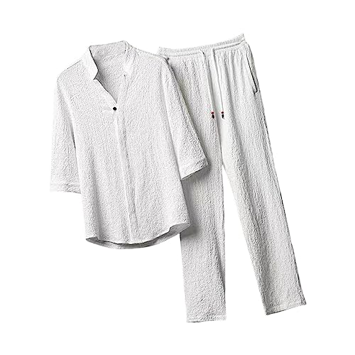 Image of CBMen's Summer Suits Casual Clothes Loose Pant 3 /4 Sleeve Suit Beach L White|Clothing Shoes & Accessories | Mens Clothing | Suits|1 Men's 2 Pieces Shirt Set